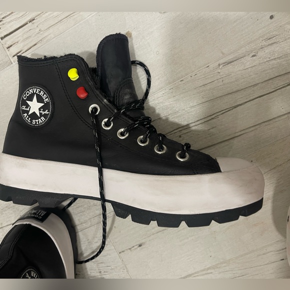 Converse Black and White leather High-Tops with Yellow and red Accent!Beautiful - Picture 6 of 14